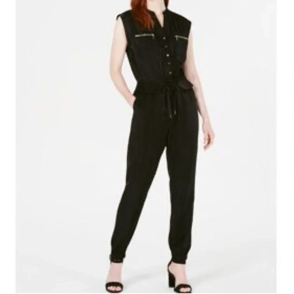 Bar III Utility Sleeveless 1/2 Button Front Long Jumpsuit Black Size: Small - Picture 1 of 9